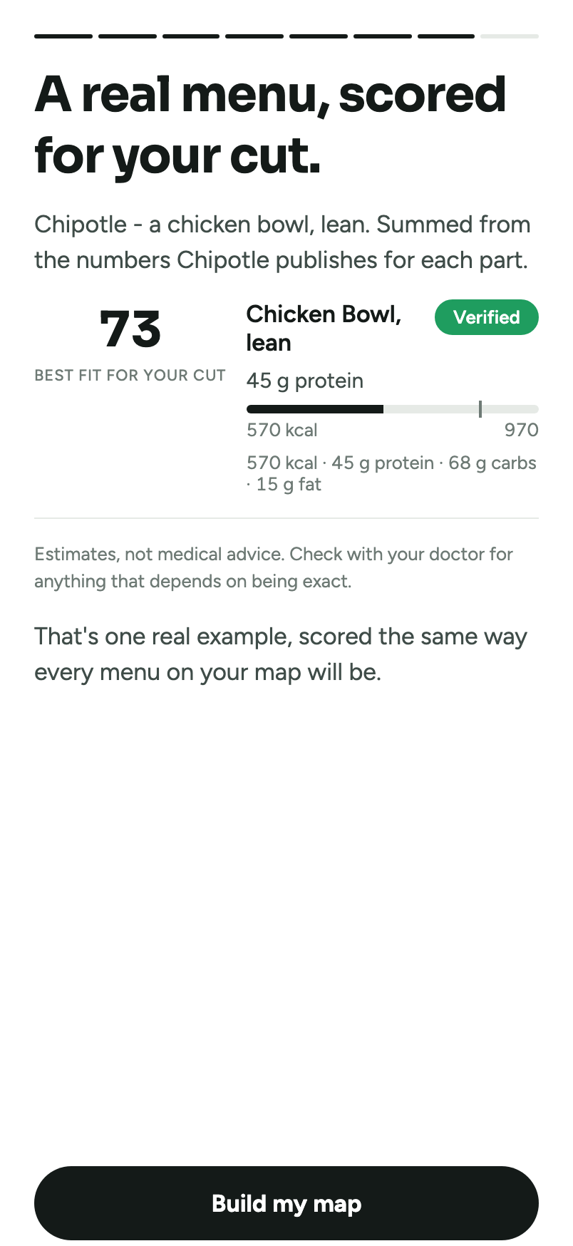 Onboarding screen titled A real menu, scored for your cut: a Chipotle chicken bowl, lean, scoring 73, marked Verified, with the doctor disclaimer below and a Build my map button.